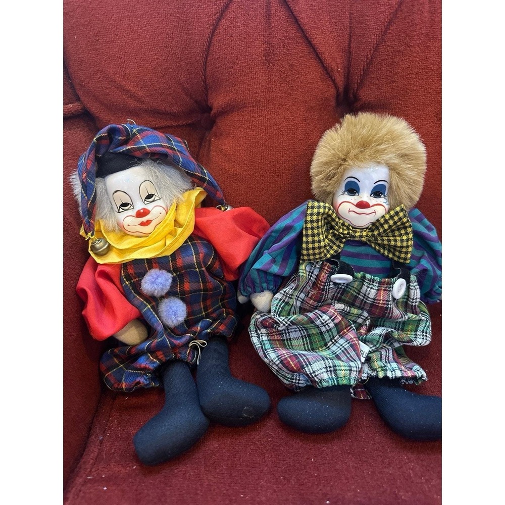 VTG Thailand Clown Dolls 80s Porcelain Head Hand Painted